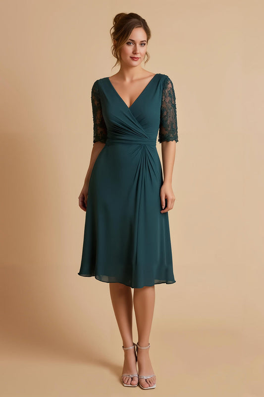 Robe mi-longue en mousseline de soie vert pin avec col en V, manches mi-longues, pour la mère de la mariée