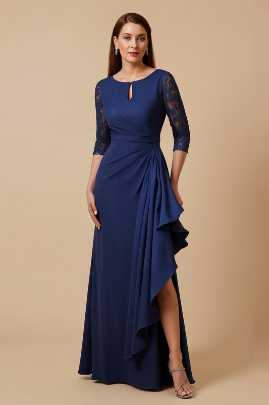 Robe de mère de la mariée longue, bleu marine, à fourreau, en mousseline, volantée, froncée, avec manches