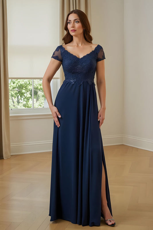 Robe longue fendue de mère de la mariée en mousseline de soie doublée ligne A marine