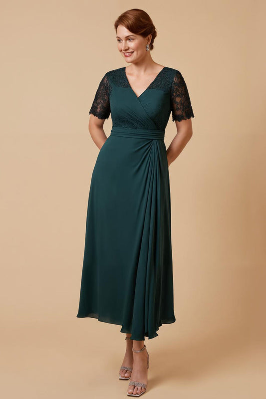 Robe fourreau en pin à col en V et manches courtes, pour la mère de la mariée, avec dentelle