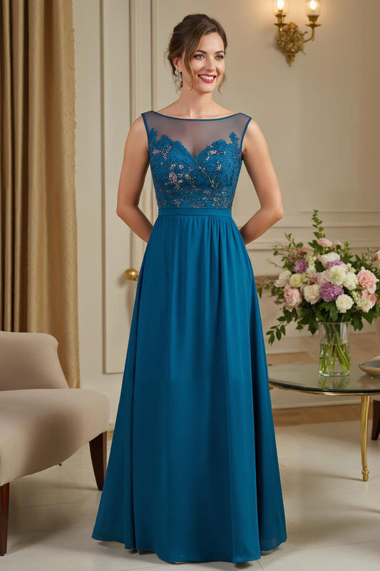 Robe longue de mère de la mariée ligne A illusion encolure bleue paon avec applications de dentelle