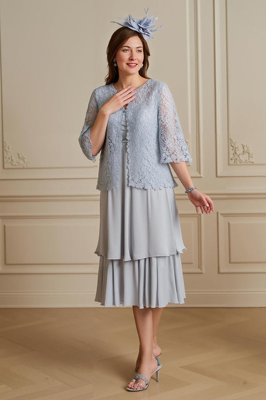 Robe de mariée 2 pièces argentée avec manteau en dentelle, mousseline à étages, ligne A