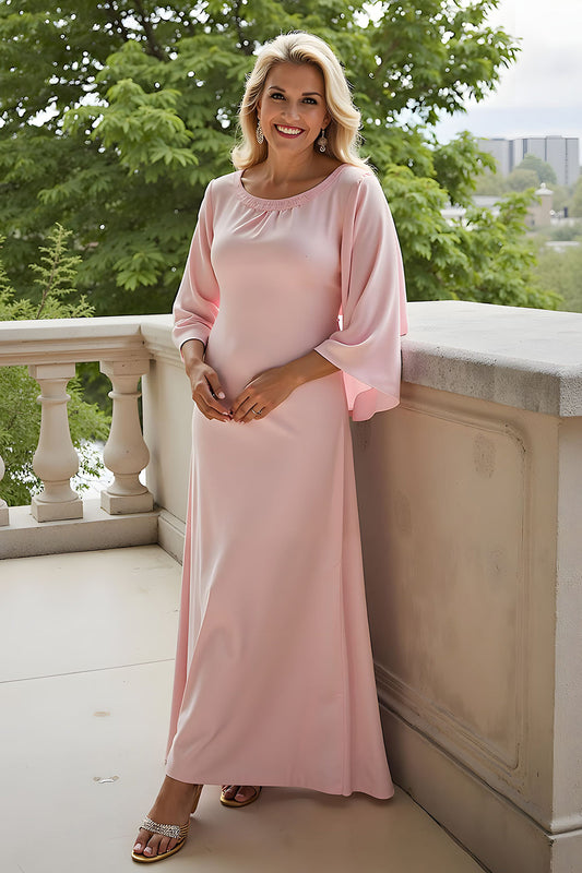 Robe de Mère de la Mariée longue en mousseline de soie, ligne A, couleur rose bonbon, col bateau, manches 3/4