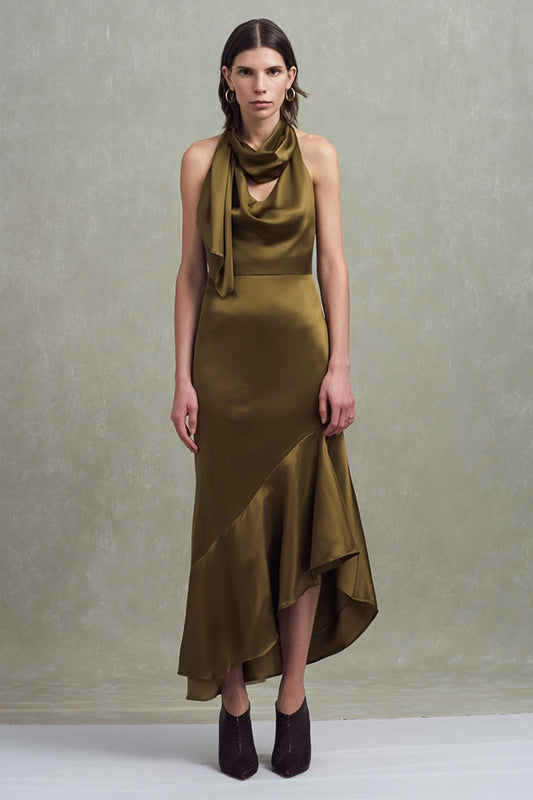 Robe longue de soirée vert olive avec volants