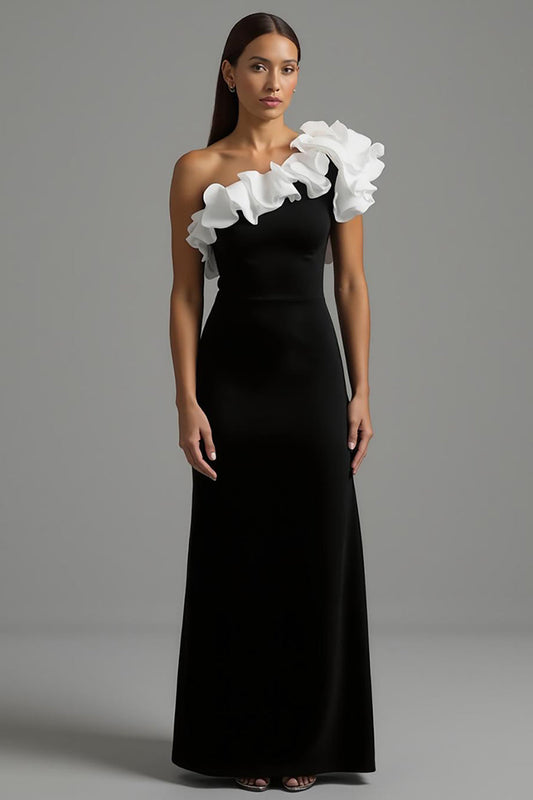 Robe longue de cérémonie asymétrique noire et blanche avec volants, coupe trapèze