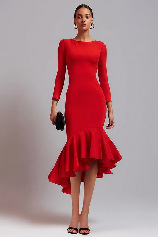 Red Satin Long Sleeve Mermaid Midi Work Dress With Ruffles