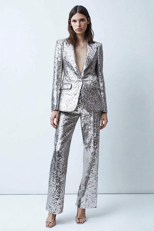 Sparkly Silver 2 Piece Sequin Wide Leg Women's Prom Suit