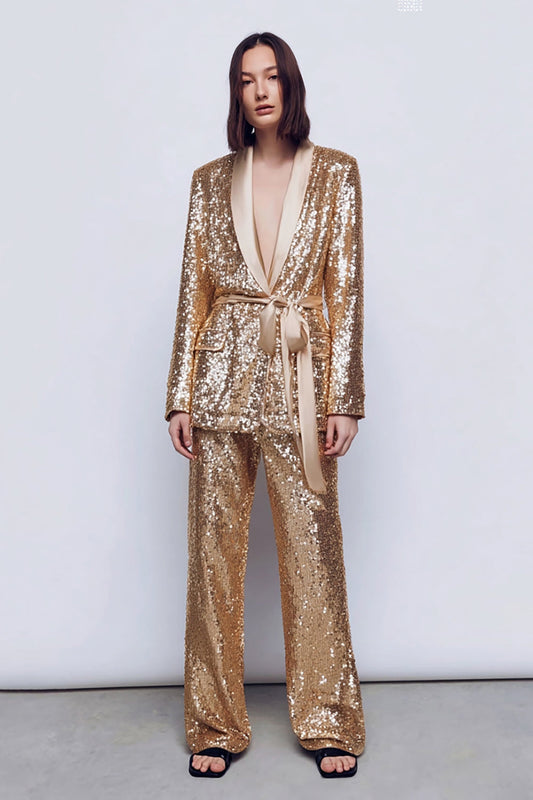 Sparkly Gold 2 Piece Women's Prom Suit with Sash
