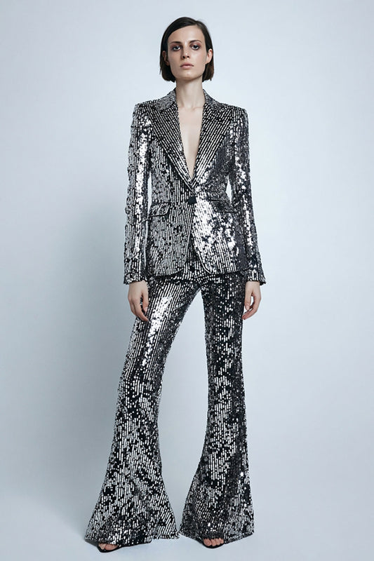 Silver Gray Sparkly 2 Piece Women's Prom Suits
