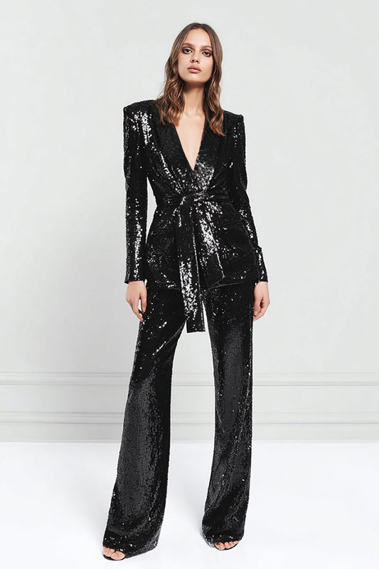 Sparkly Black 2-Piece Women's Prom Suit with Sash