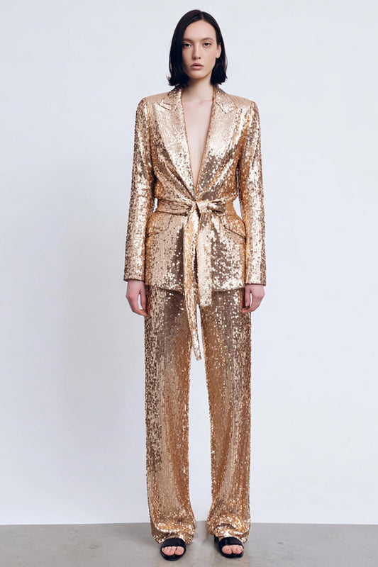 Sparkly Gold Peak Lapel 2-Piece Sequin Women's Prom Suit with Sash