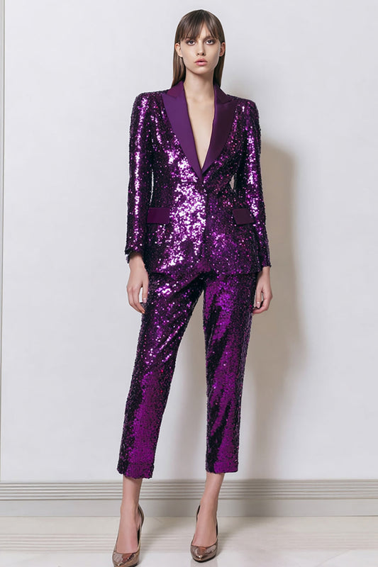 Costumes de bal pour femmes 2 pièces violet foncé à sequins scintillants avec poches