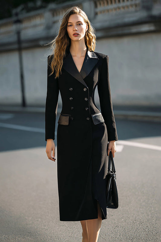 Pencil Black Double-Breasted Midi Blazer Dress With Sleeves