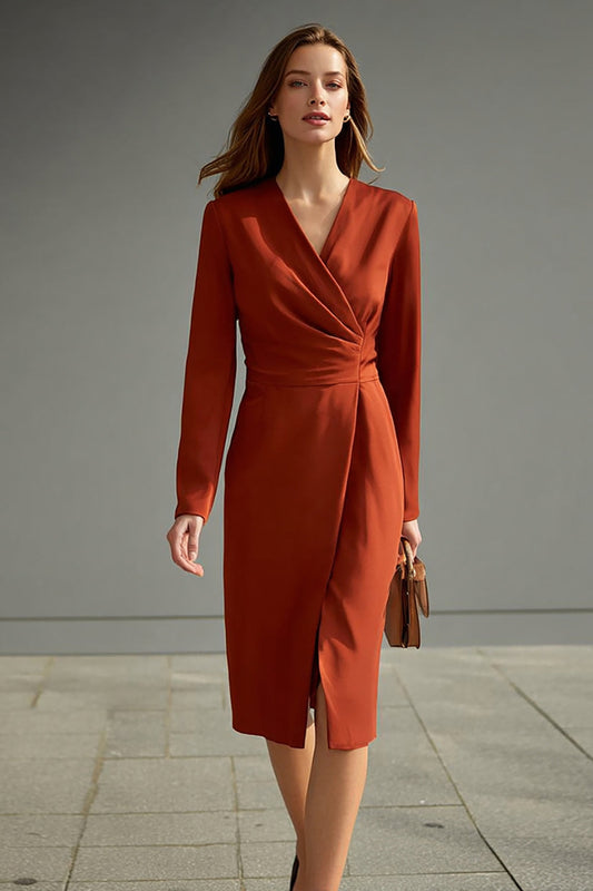 Red V-Neck Ruched Long-Sleeve Sheath Work Dress