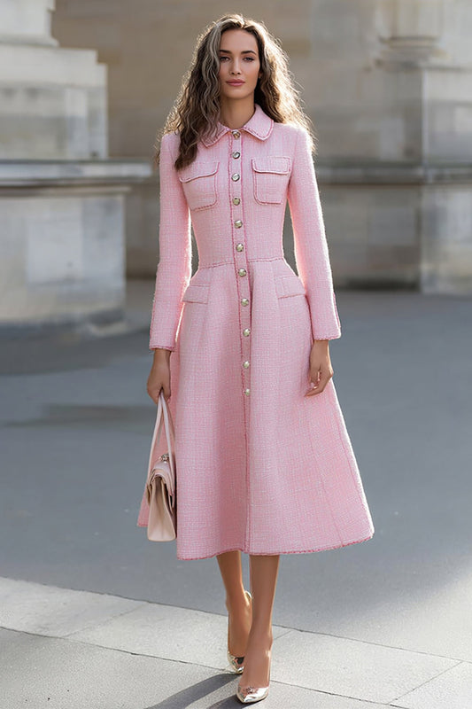 Pink Single-breasted A-line Long Sleeve Work Dress