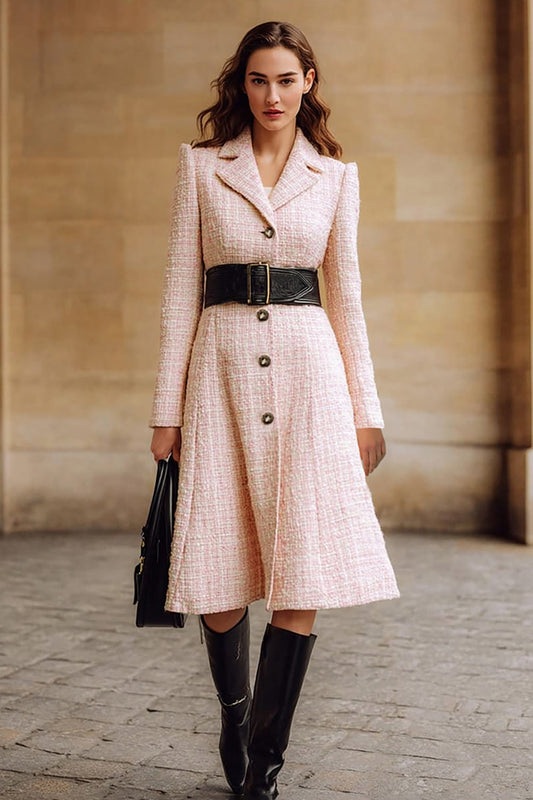 Pink A-Line Notched Lapel Single-Breasted Work Dress