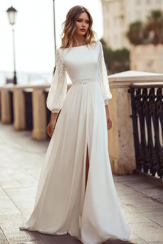 Robe de mariée en dentelle évasée ivoire à manches longues et à fente
