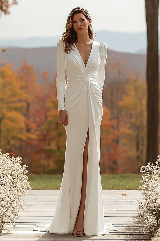 Vestido de novia de tubo fruncido de manga larga en color marfil