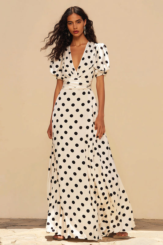 Robe longue de soirée à manches avec pois noirs et blancs