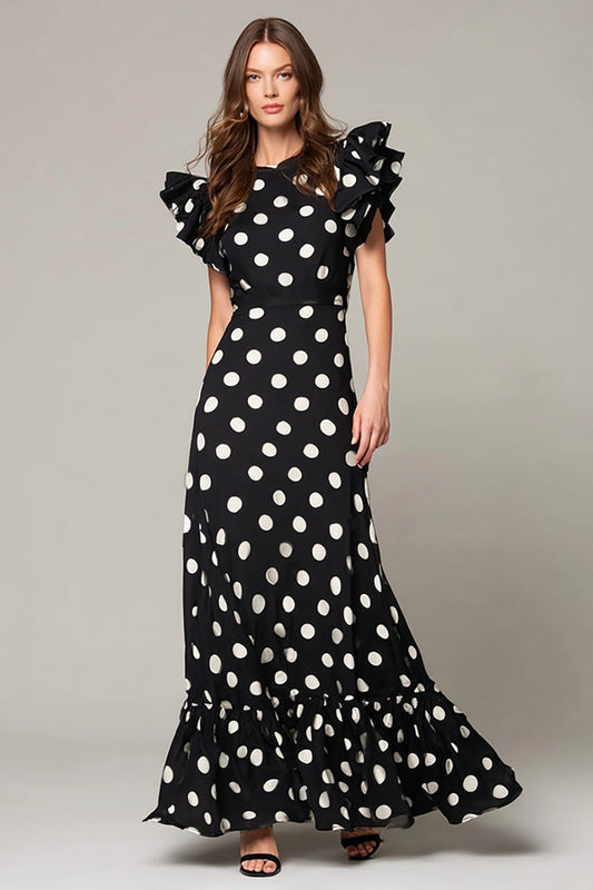 Robe longue de soirée évasée à pois noirs et blancs avec volants