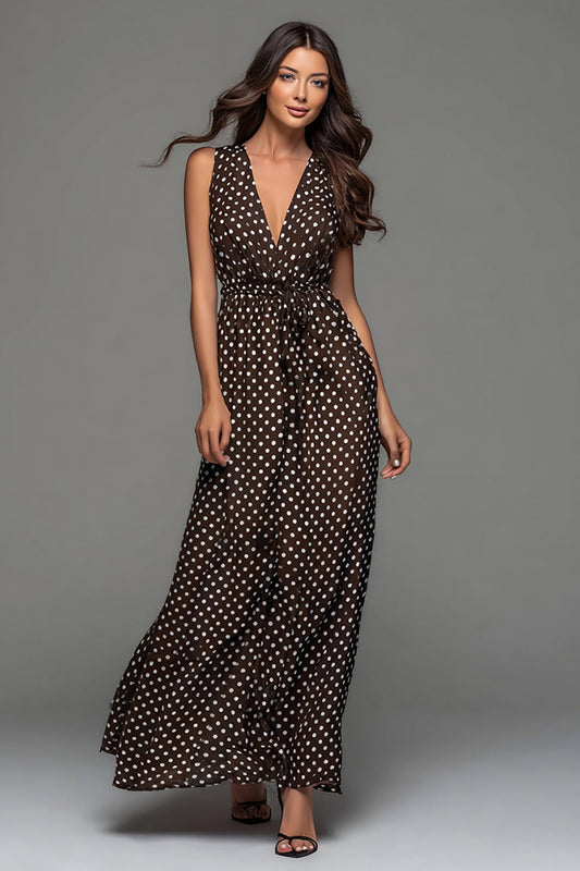 Robe longue de soirée évasée marron foncé à pois blancs avec ceinture