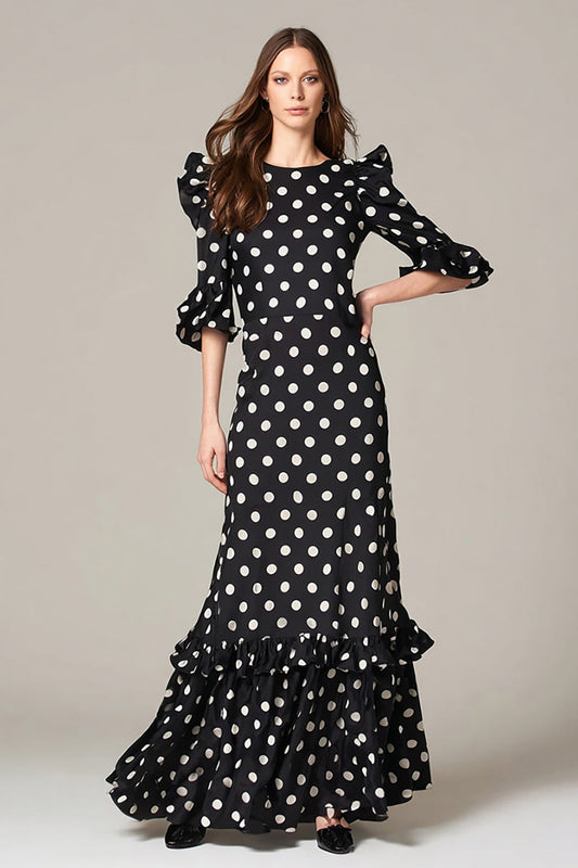 Black and White A-Line Chiffon Polka Dots Dress with Ruffles