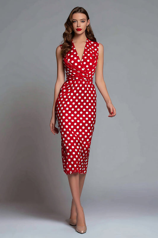 Robe moulante à pois, en satin rouge, décolleté en V, longueur midi