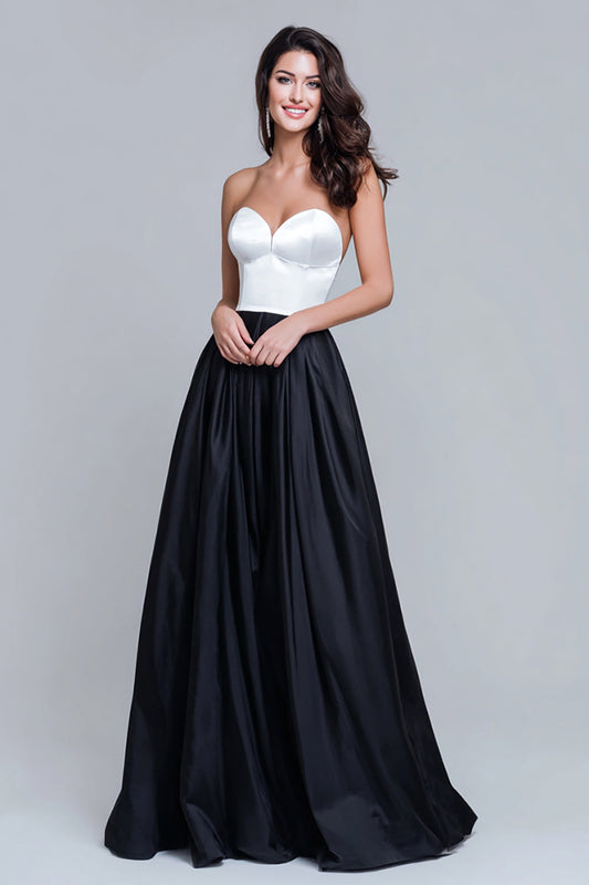 Robe de soirée longue trapèze en satin noir et blanc