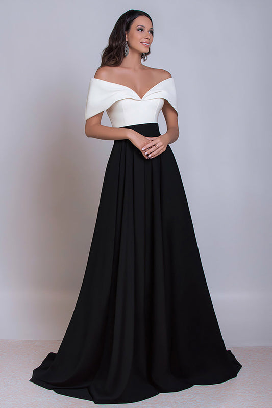 Robe longue de soirée noire et blanche en satin, épaules dénudées