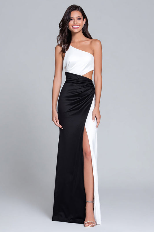 Robe longue de cérémonie noir et blanc fourreau satiné à découpes et fente