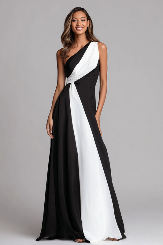 Robe de Soirée Longue Asymétrique Une Épaule Noir et Blanc