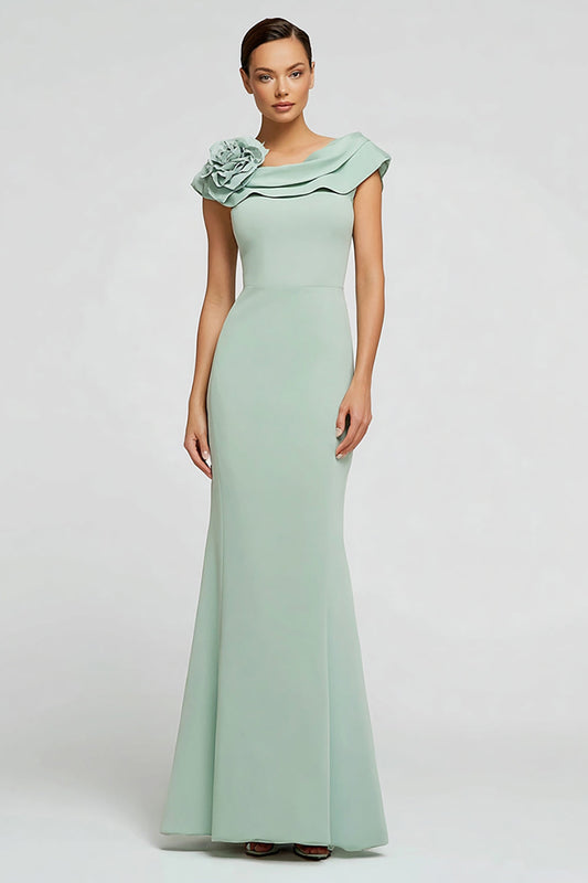 Robe de Soirée Longue Vert Menthe Sirène Crêpe Col Bateau avec Volants