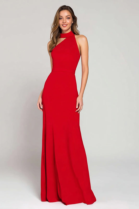 Robe de soirée longue fourreau en satin rouge à col montant