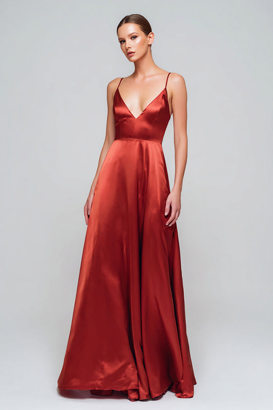 Red A-Line Satin Spaghetti Strap Long Formal Dress