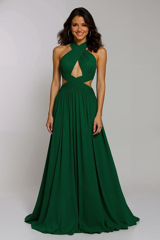 Robe longue de soirée vert foncé licou ligne A dos nu