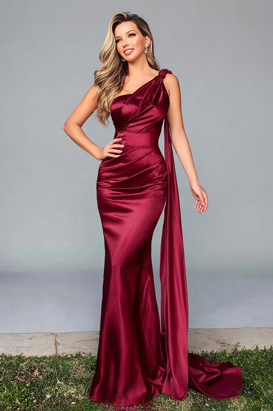 Borgoña Sirena Fruncido Un Hombro Vestido largo formal con capa
