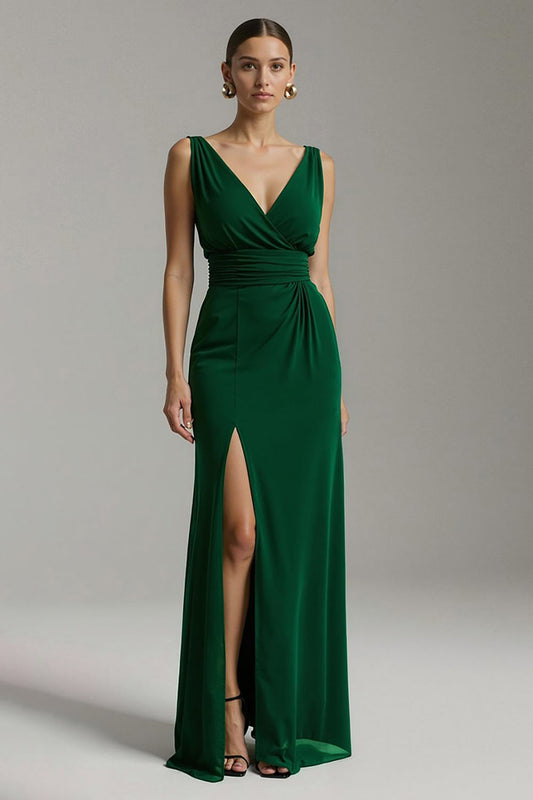 Robe longue fourreau vert foncé à col en V avec fente