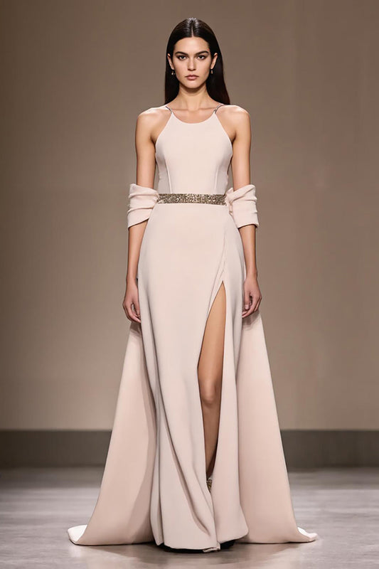 Ivory Satin A-Line Cold Shoulder Long Evening Dress with Slit