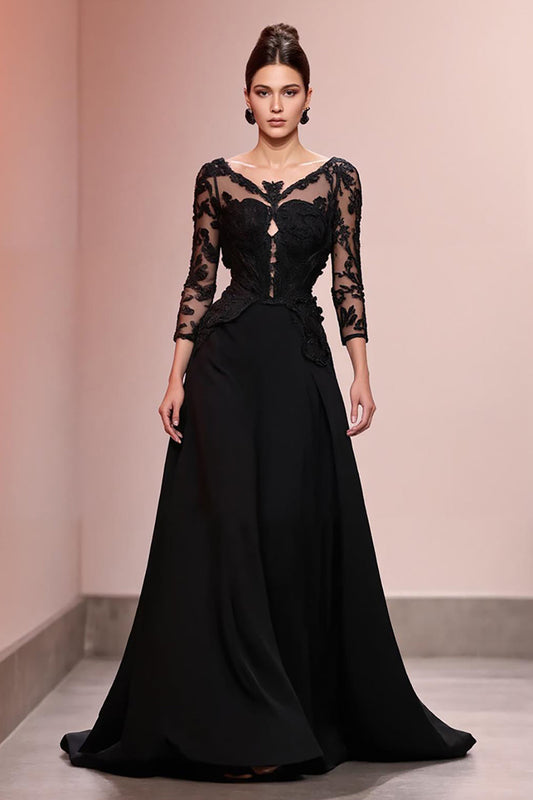 Robe de soirée longue trapèze noire appliquée avec dentelle