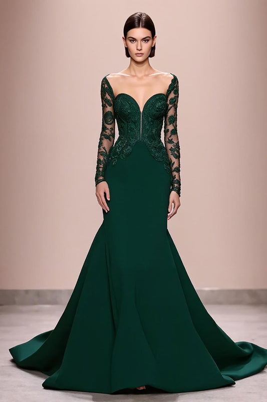 Robe de soirée longue sirène vert foncé en dentelle avec manches et appliques