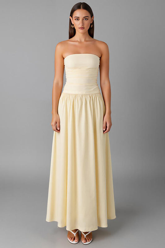 Robe de soirée bustier trapèze en mousseline simple jonquille