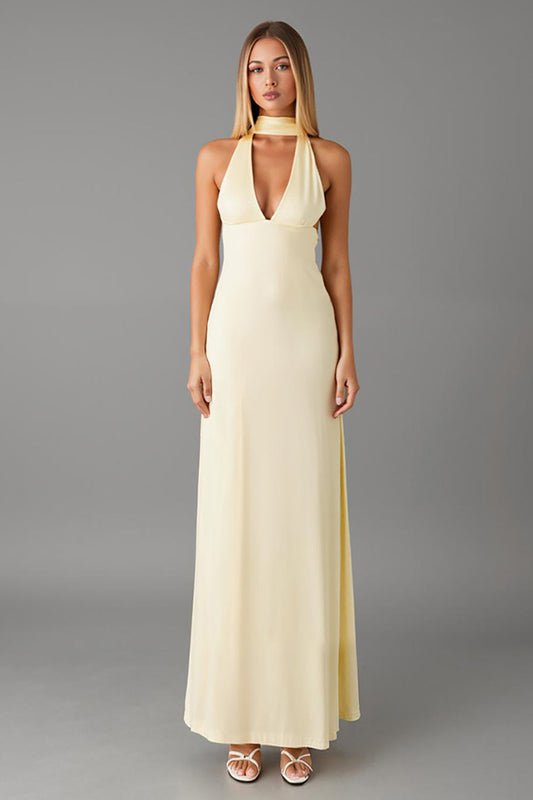 Robe de soirée fourreau en mousseline de soie à col en V Daffodil