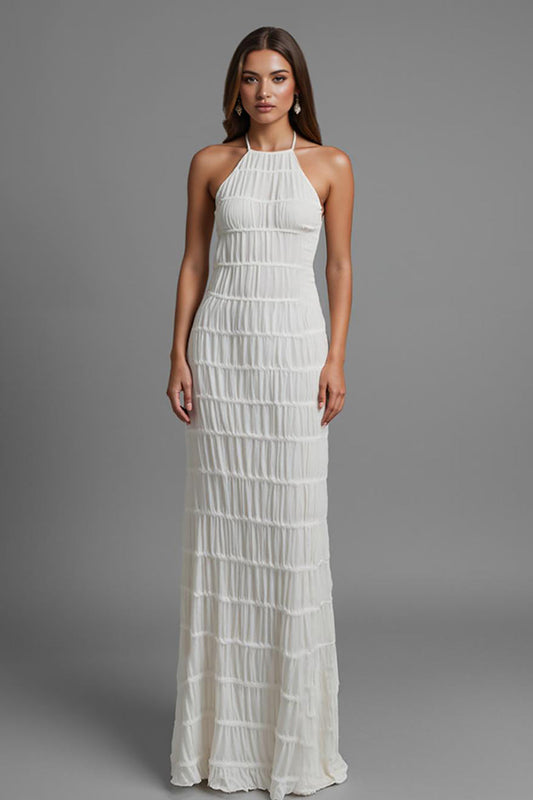Halter Chiffon Sheath Ivory Long Evening Dress