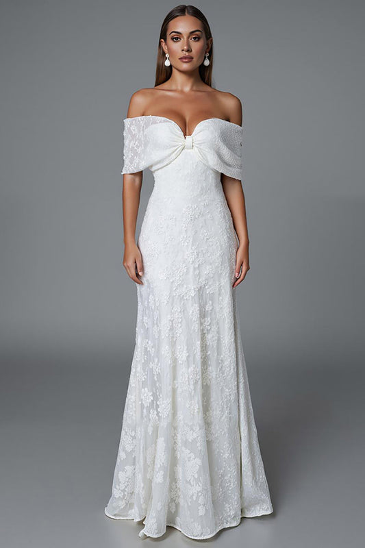 Robe de soirée sirène couleur ivoire à épaules dénudées avec dentelle