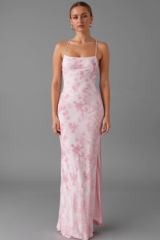 Robe de soirée fourreau à bretelles fines rose clair imprimée avec fente