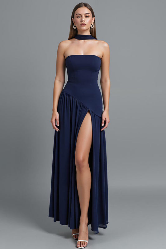 Robe de soirée fourreau bleu foncé bustier avec fente