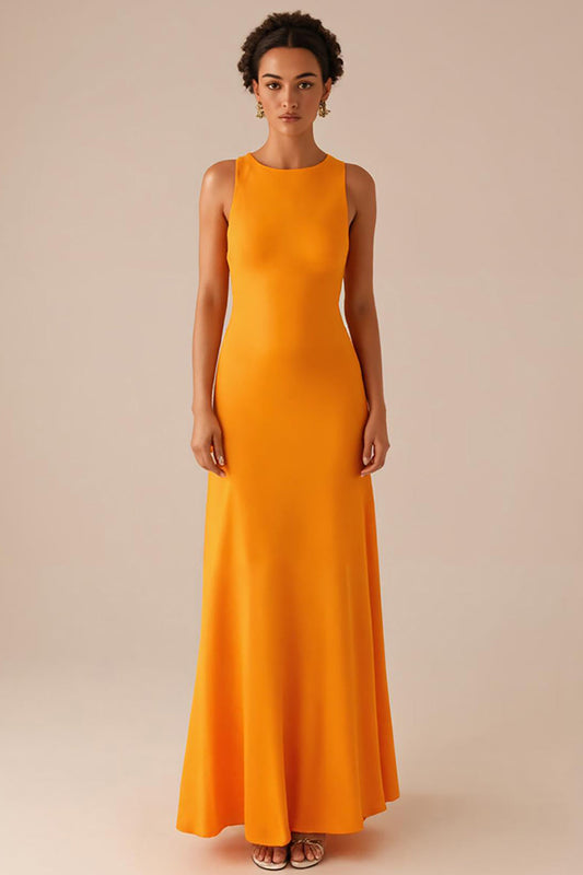 Robe de soirée longue jaune sans manches à col rond