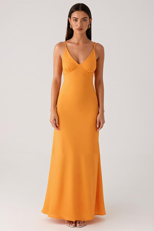 Robe de soirée jaune en mousseline à fines bretelles