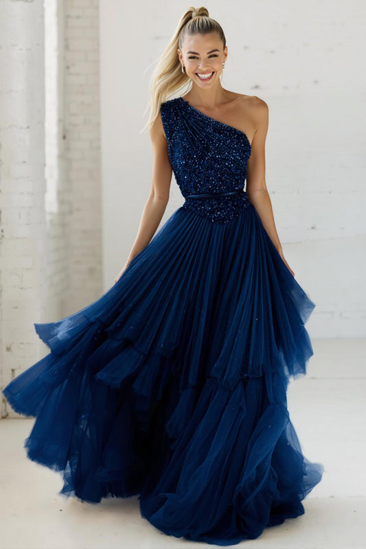 Robe longue de soirée à paillettes bleu marine à une épaule, avec volants et coupe trapèze