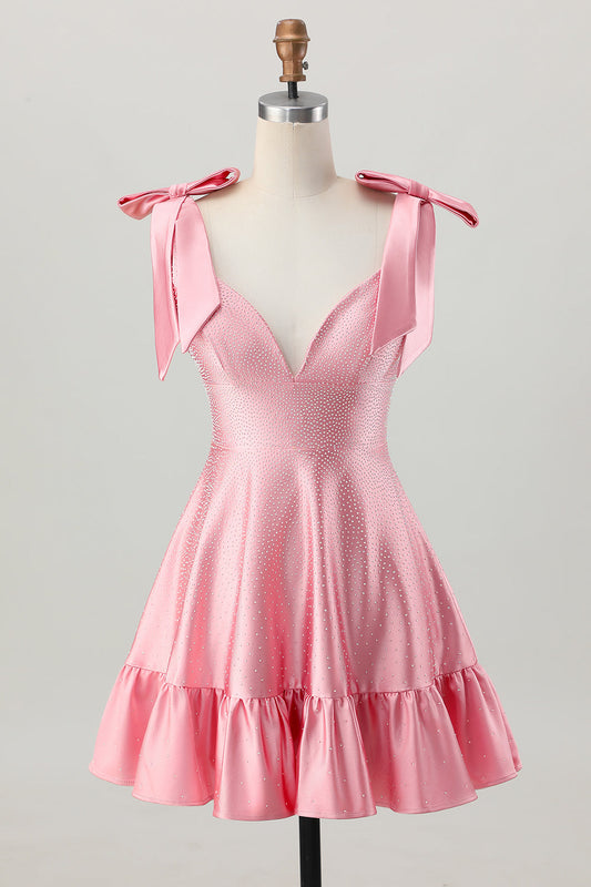 Blush Pink A Line V-Neck Satin Cocktail Dress with Bows